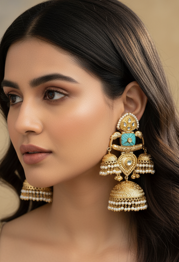 Gold-Toned Big Dome Jhumka Earrings with Turquoise Accents and Pearl Drops.