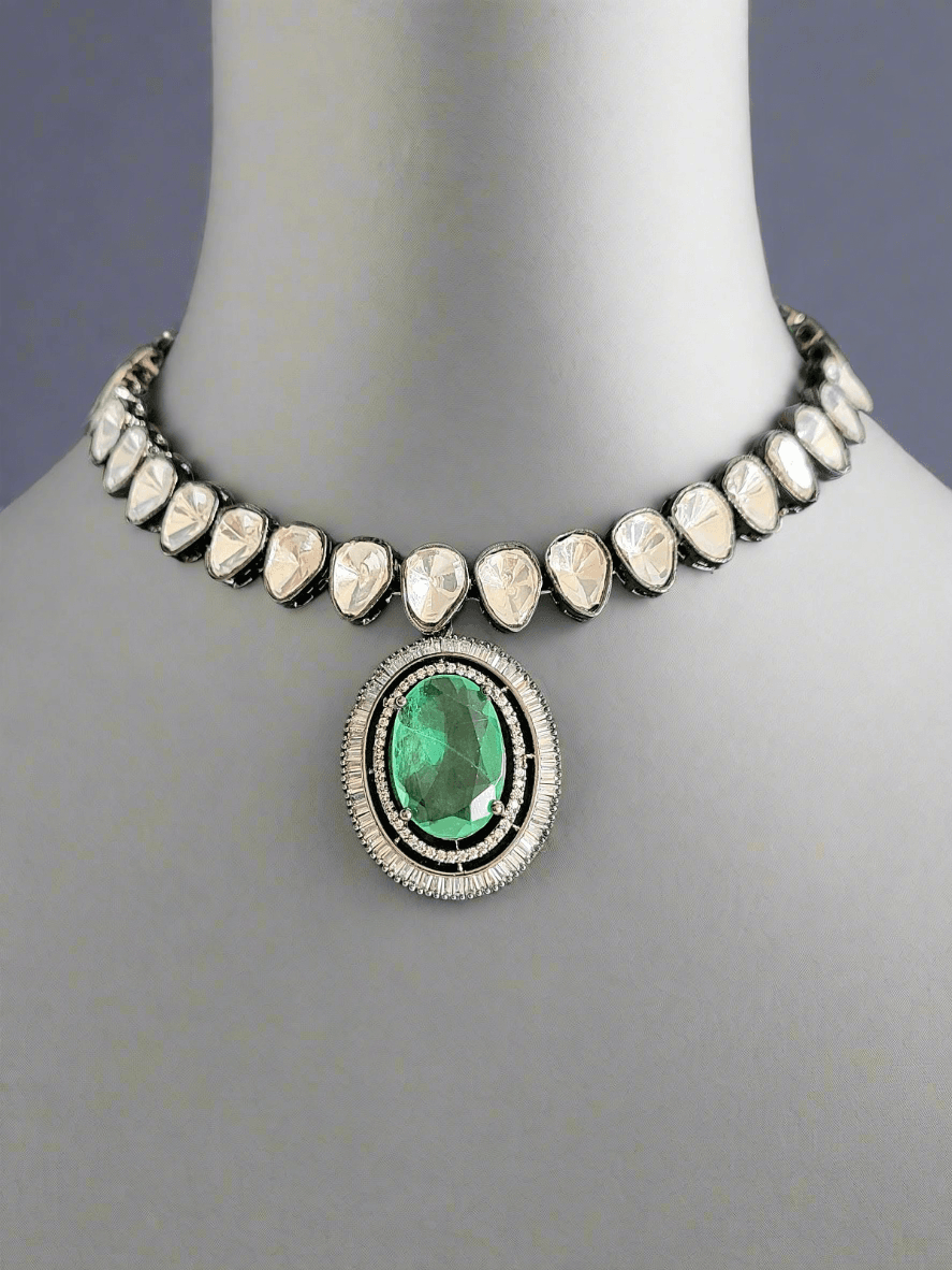 BLACK POLISH KUNDAN AND DIAMOND CHOKER SET WITH GREEN STONE - Mirae 