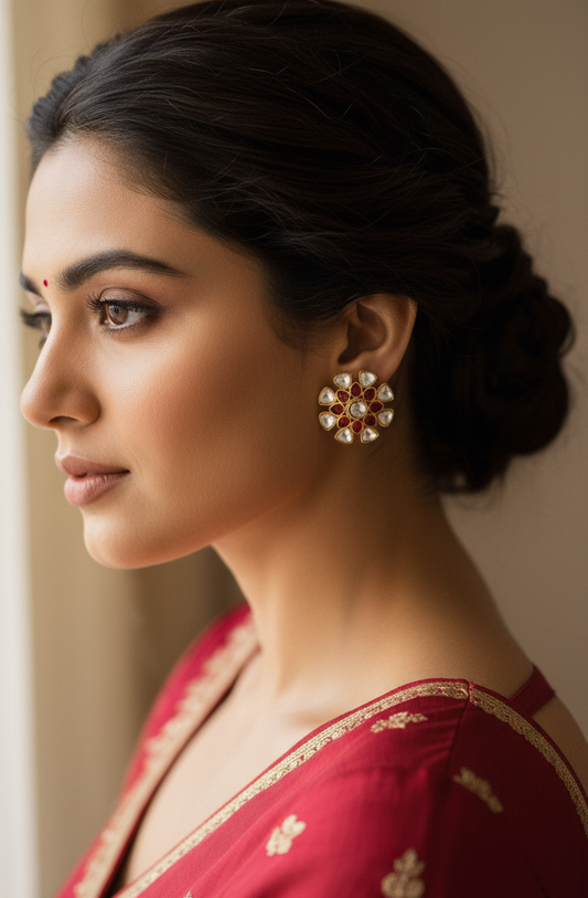 Polki and Ruby Accent Floral Stud Earrings