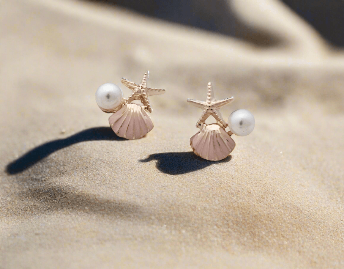 Seashell, Starfish, and Pearl Mini Stud Earrings. - Mirae 