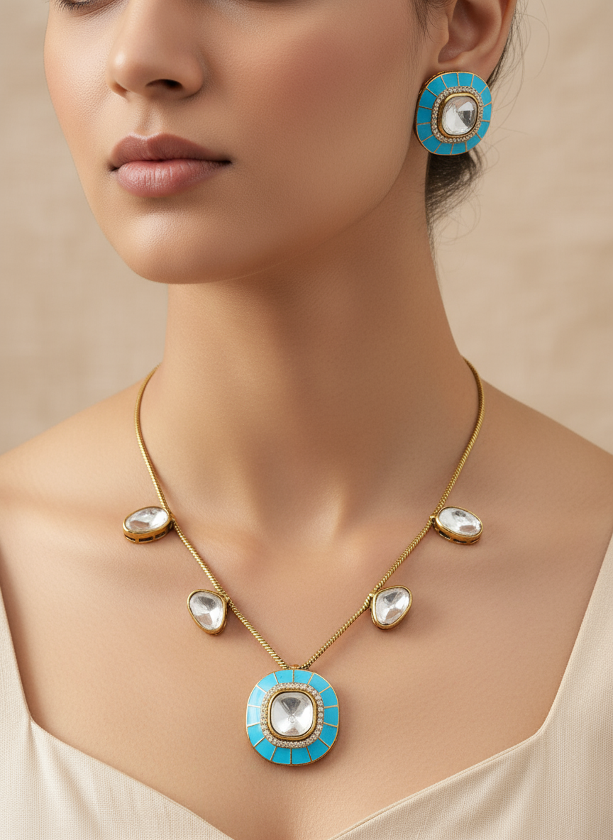 Turquoise Enamel and Polki Necklace Set