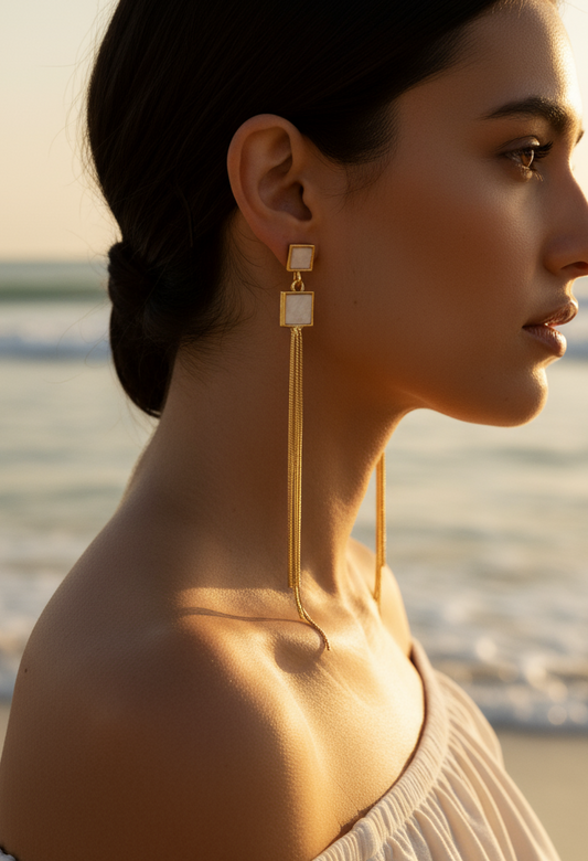 Morden & Chic geometric white stone & chain dangle earrings