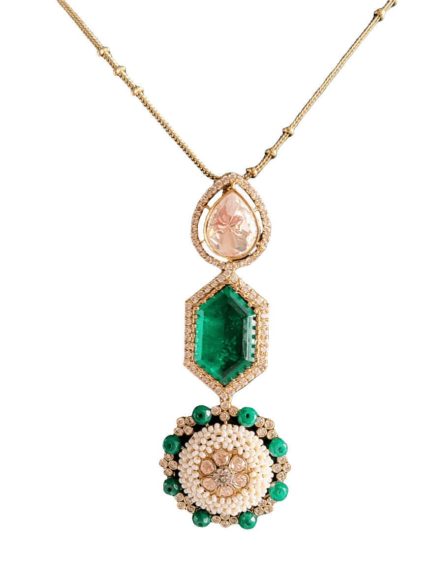 ELEGANT LARIET WITH PEARLS , MOISSANITE & GREEN CRYSTAL - Mirae 