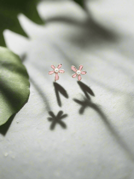 Pink Flower and Pearl Mini Stud Earrings - Mirae 