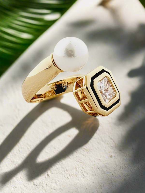 Geometric Crystal & Pearl Open Ring