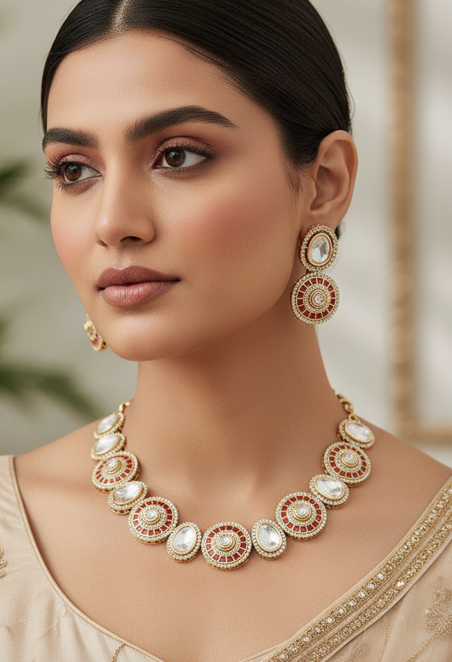 REGAL GOLD PLATED SET WITH RED ENAMEL AND MOISSANITE CRYSTAL