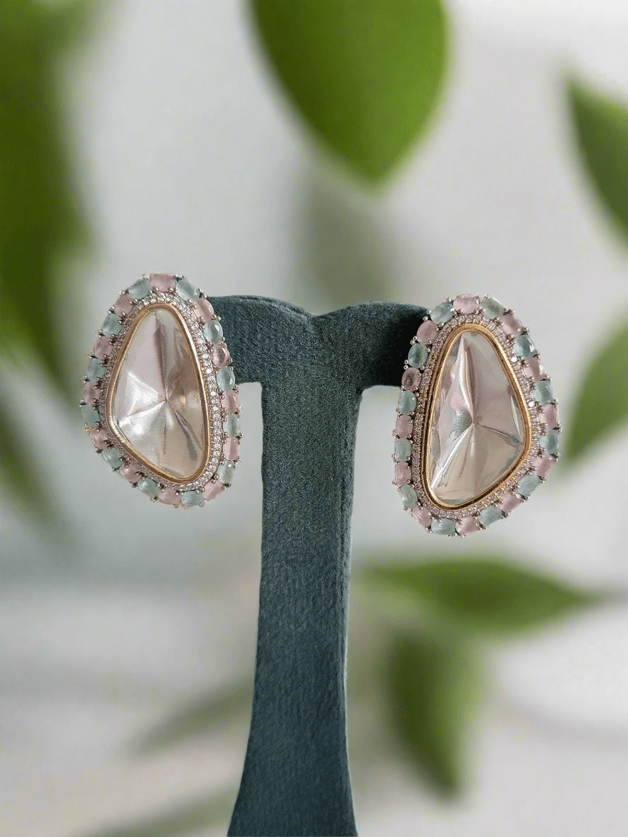 MINT GREEN & BABY PINK STUDS WITH MOISSANITE CRYSTAL - Mirae 