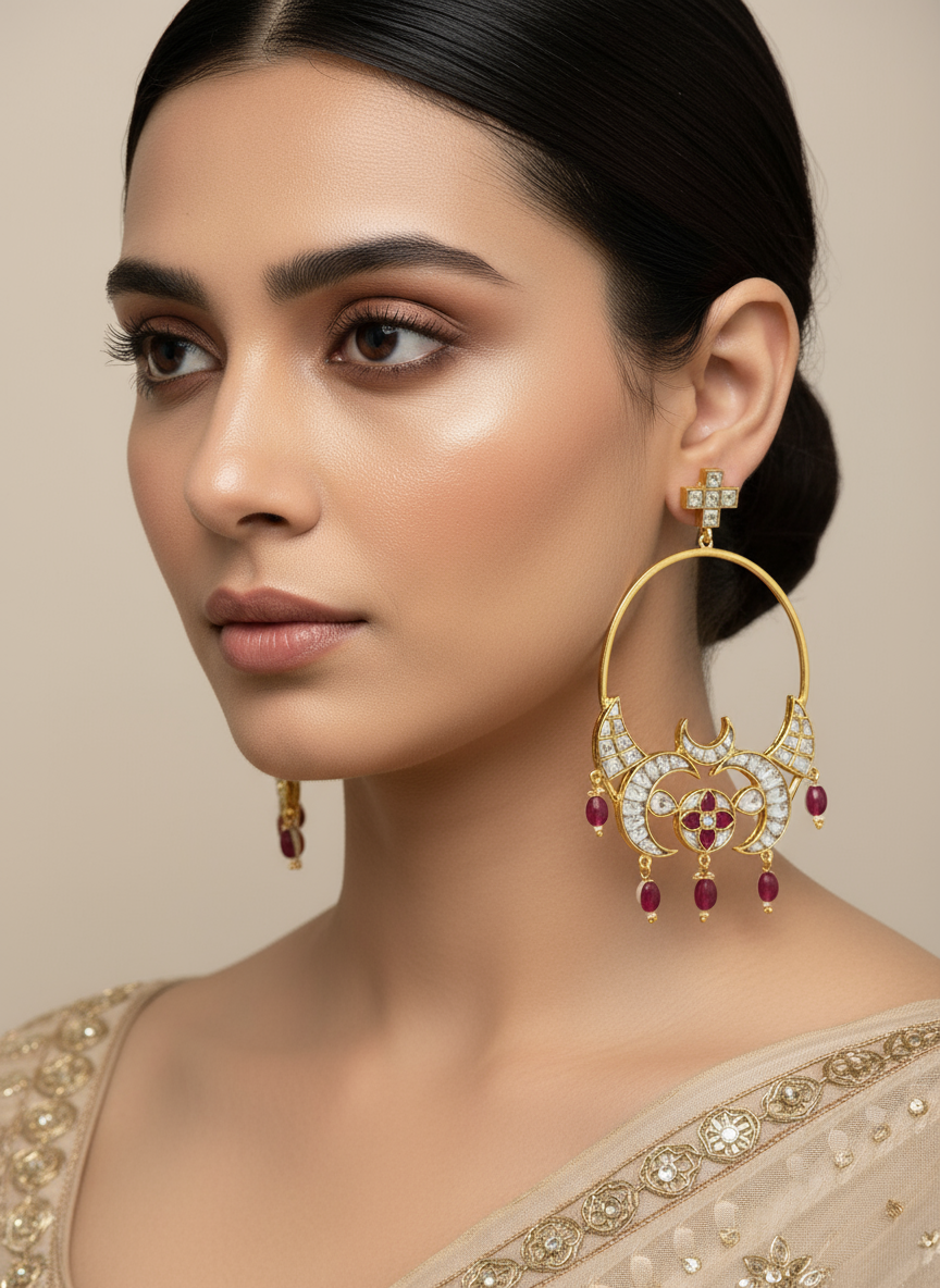 Kundan & colored stone Crescent Earrings