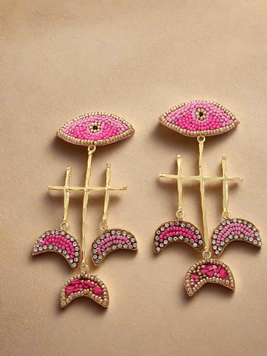 Evil Eye Beaded Dangle Earrings with Crescent Accents - Mirae 