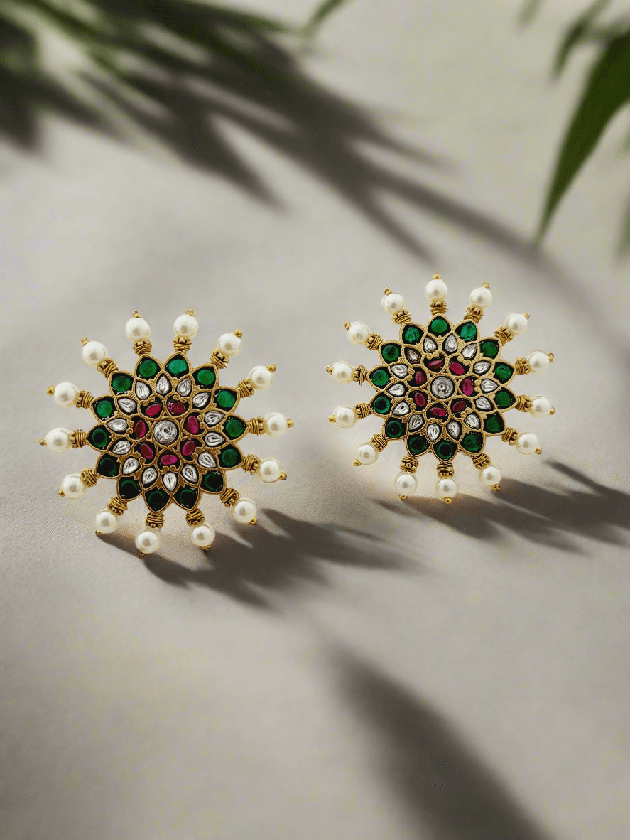 Polki-Style Floral Pearl Stud Earrings - Mirae 