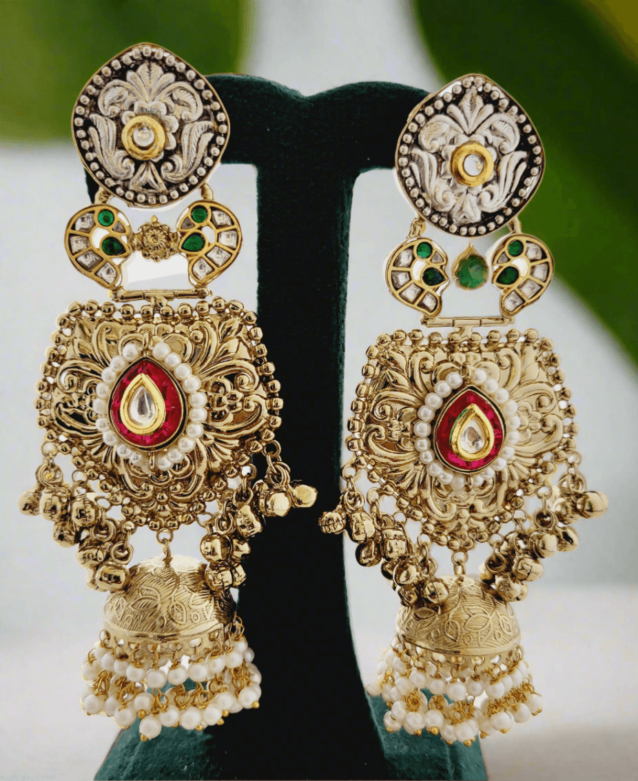 Antique Gold Plated Jhumka Earrings with Enamel and Pearl Drops - Mirae 
