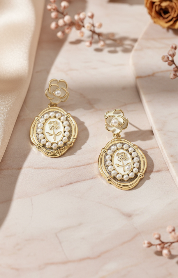Victorian Rose & Pearl drop earrings