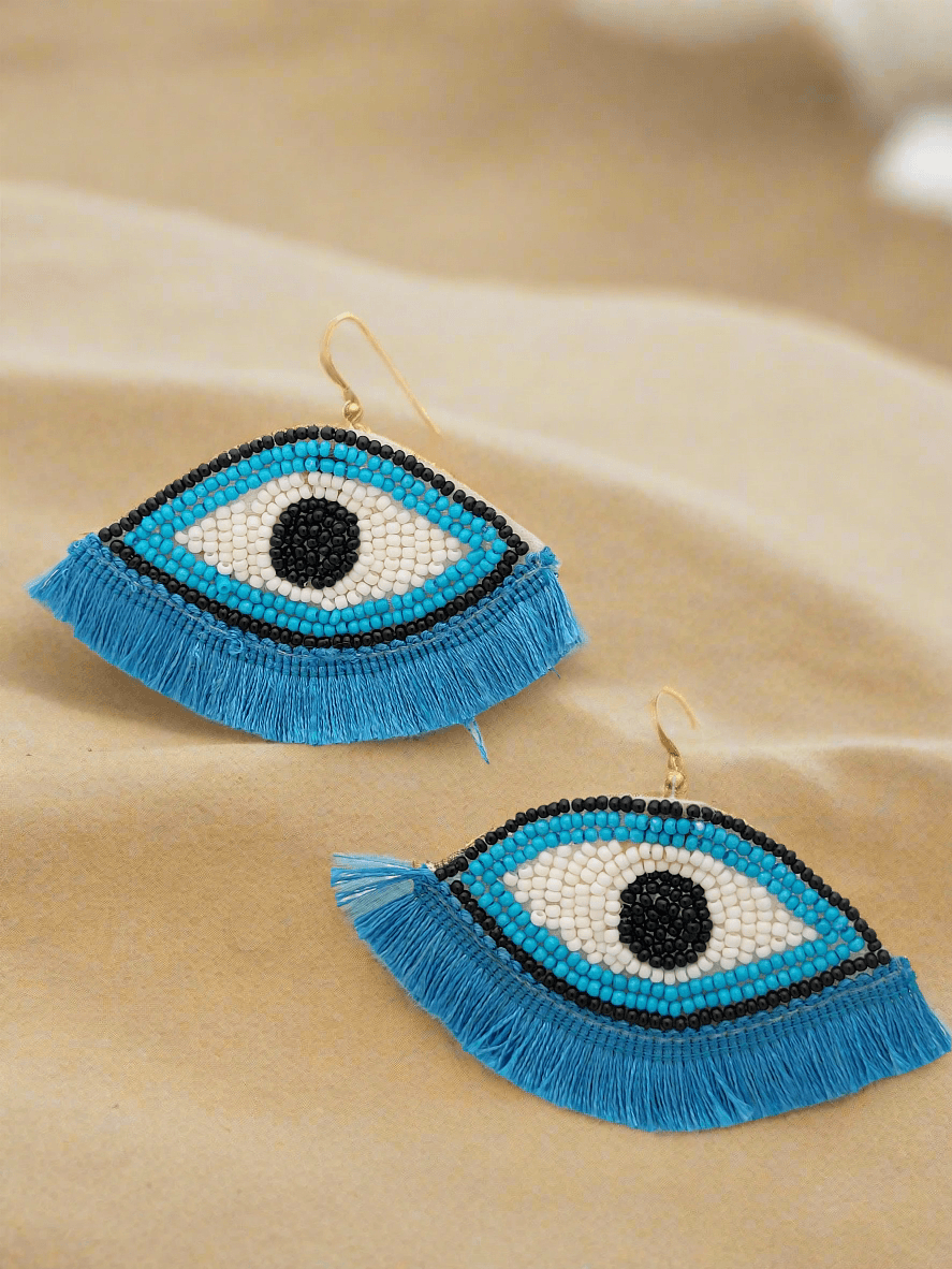 Evil Eye Beaded Dangle Earrings with Blue Fringe - Mirae 
