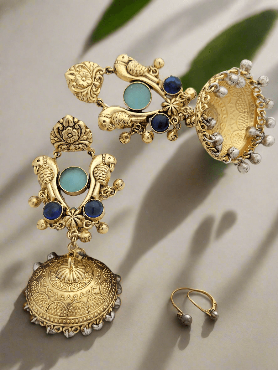 Gold-Toned Parrot Jhumka Earrings. - Mirae 