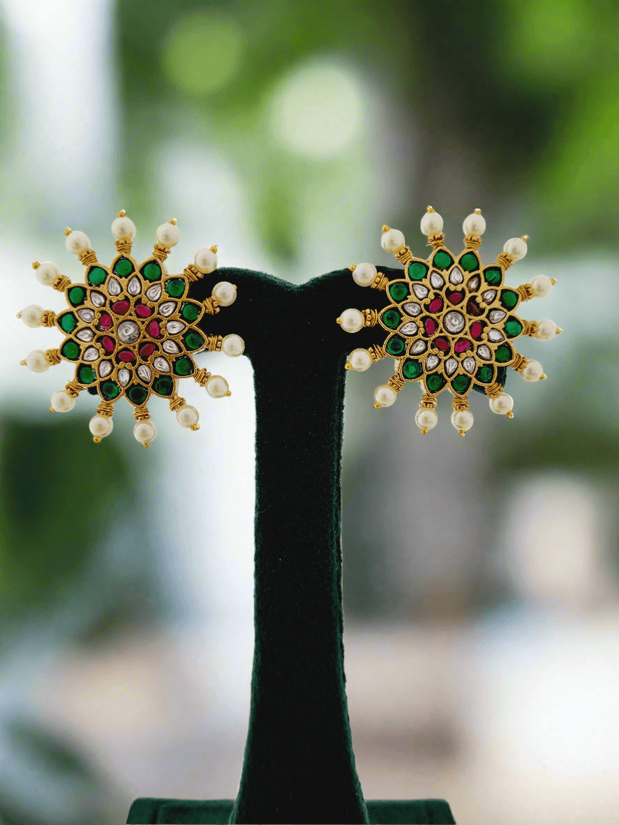 Polki-Style Floral Pearl Stud Earrings - Mirae 