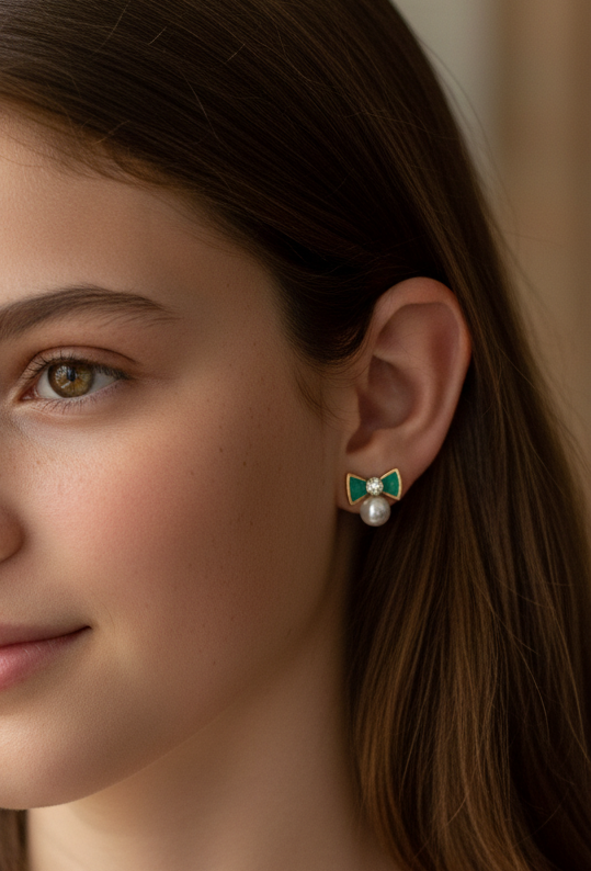 Enamelled Bow with a diamond  & pearl mini studs