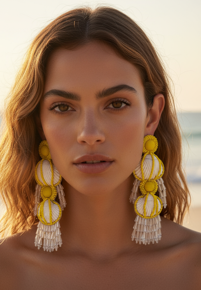 Seashell and  Beaded Dangle Earrings with Crystal Drops
