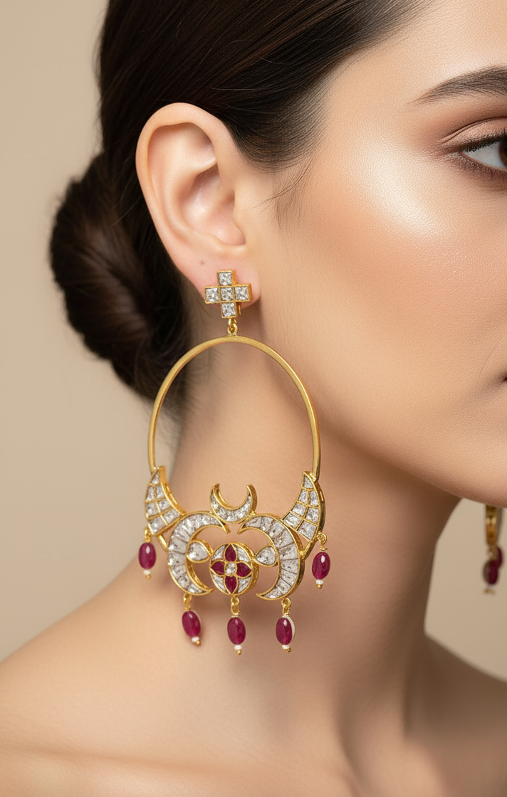 Kundan & colored stone Crescent Earrings