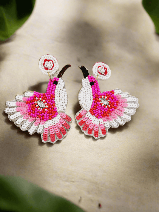Pink & White Hummingbird Beaded Drop Earrings - Mirae 