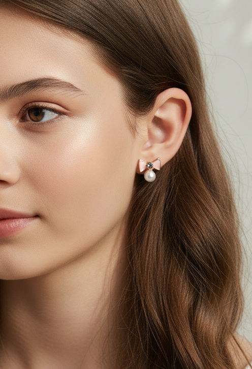 Enamelled Bow with a diamond  & pearl mini studs