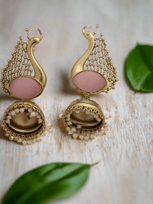 Peacock Motif Jhumkas in gold finish - Mirae 
