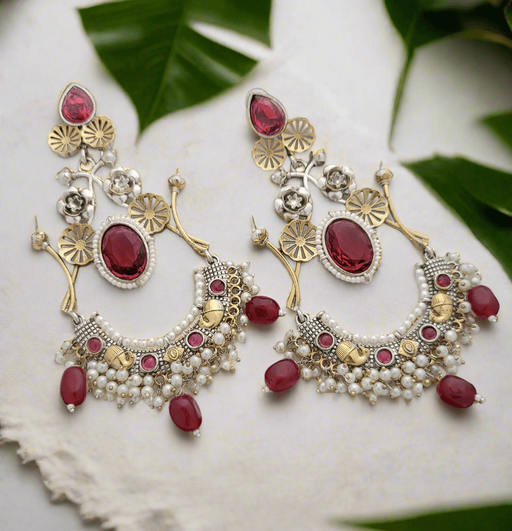 Two-Tone Dangle Earrings with colored Stones and Pearl Accents - Mirae 