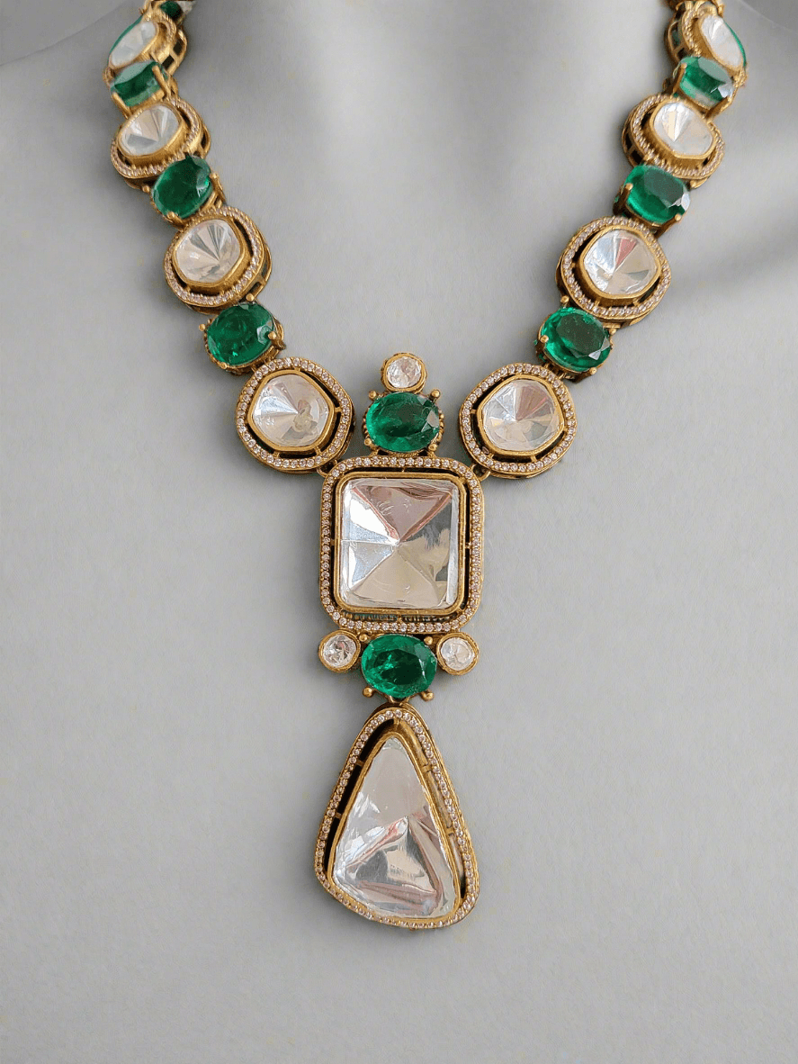GOLD PLATED ROYAL MOISSANITE & GREEN STONE NECKLACE SET - Mirae 