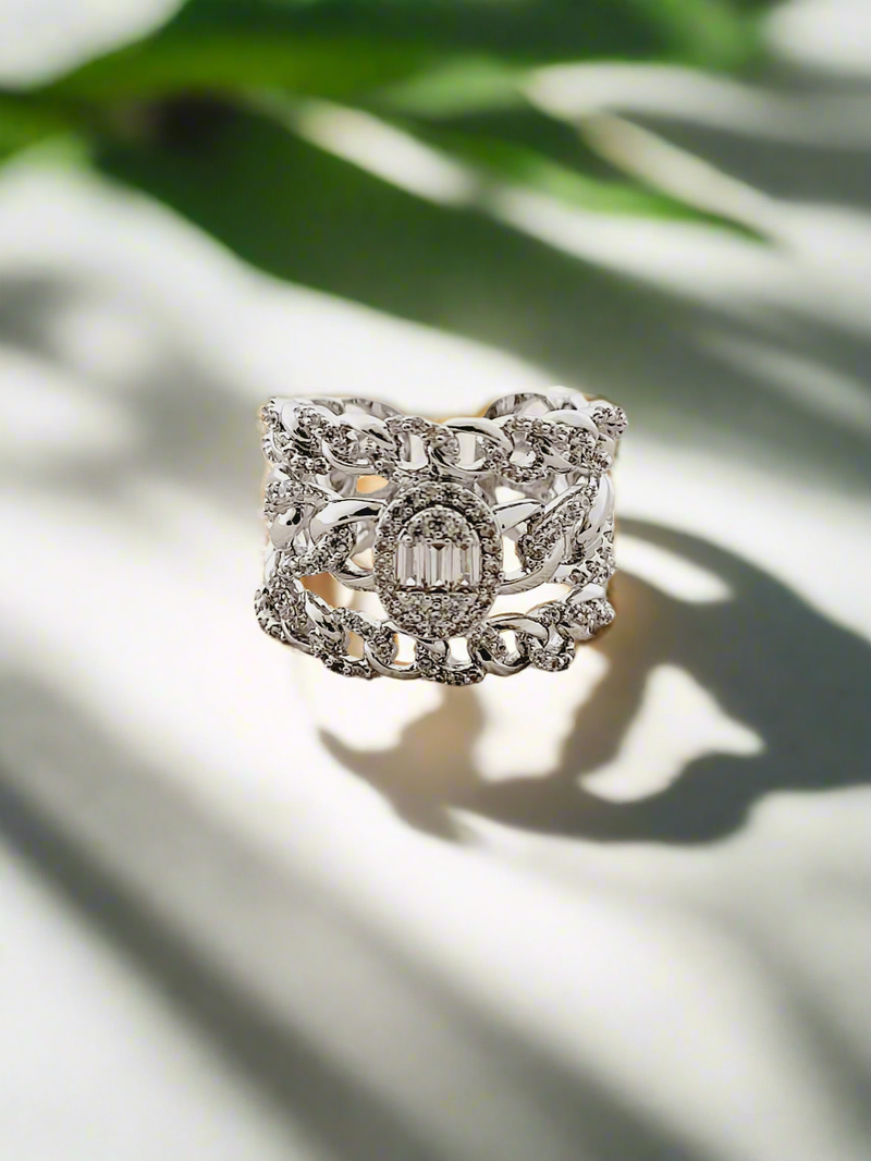 Modern Statement Ring with Interlocking Chain and Diamond Accents