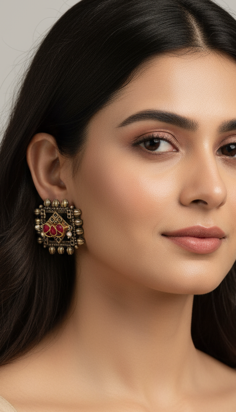 Oxidized studs with Red stones and Pearl