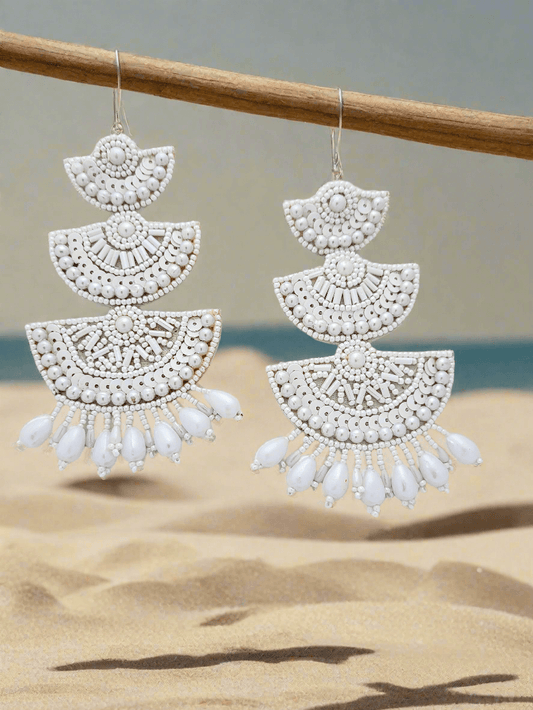 Off-White Beaded and Sequined Layered Chandbali Earrings - Mirae 