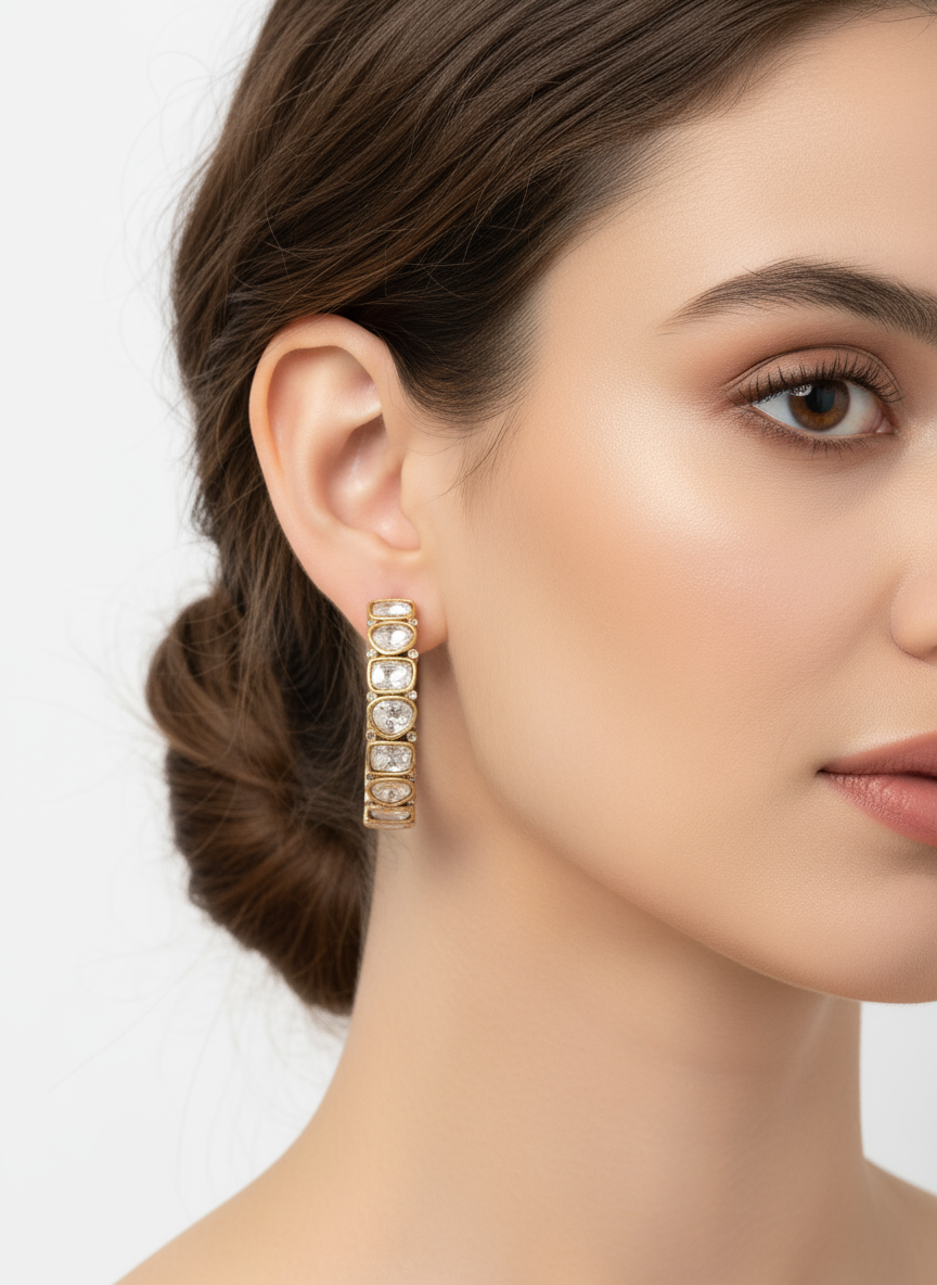 Gold and White Stone Hoop Earrings
