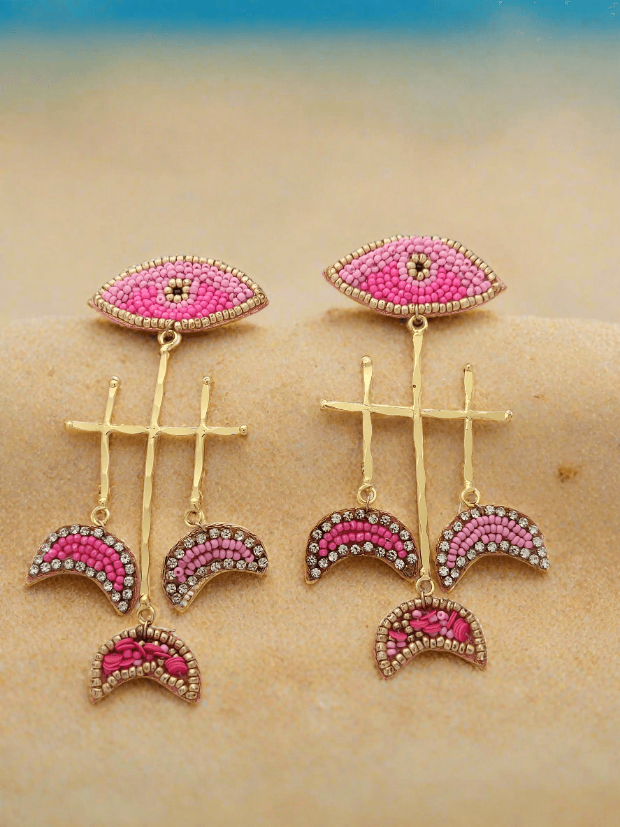 Evil Eye Beaded Dangle Earrings with Crescent Accents - Mirae 