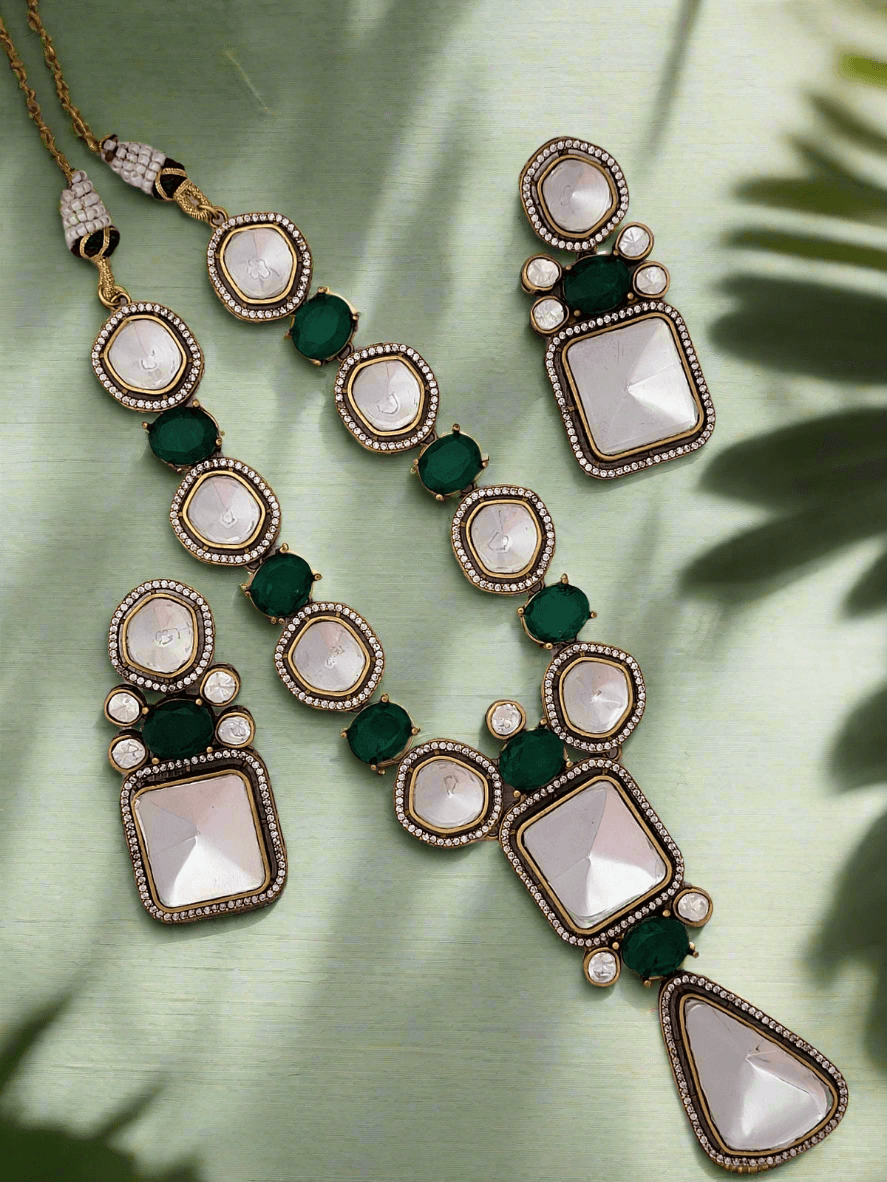 GOLD PLATED ROYAL MOISSANITE & GREEN STONE NECKLACE SET - Mirae 
