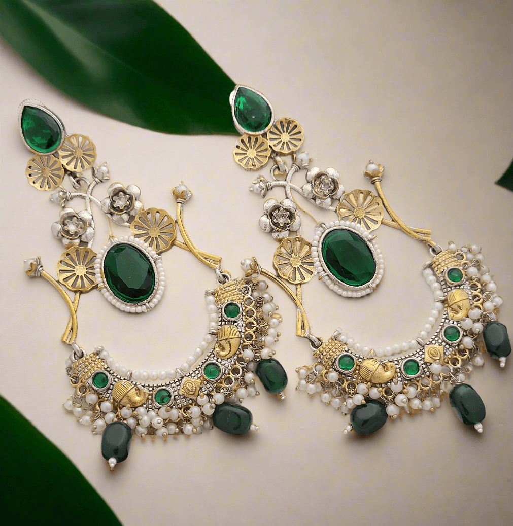 Two-Tone Dangle Earrings with colored Stones and Pearl Accents - Mirae 