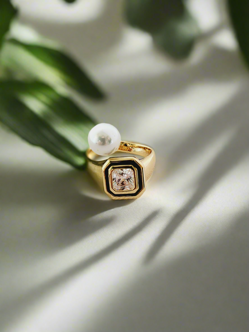 Geometric Crystal & Pearl Open Ring