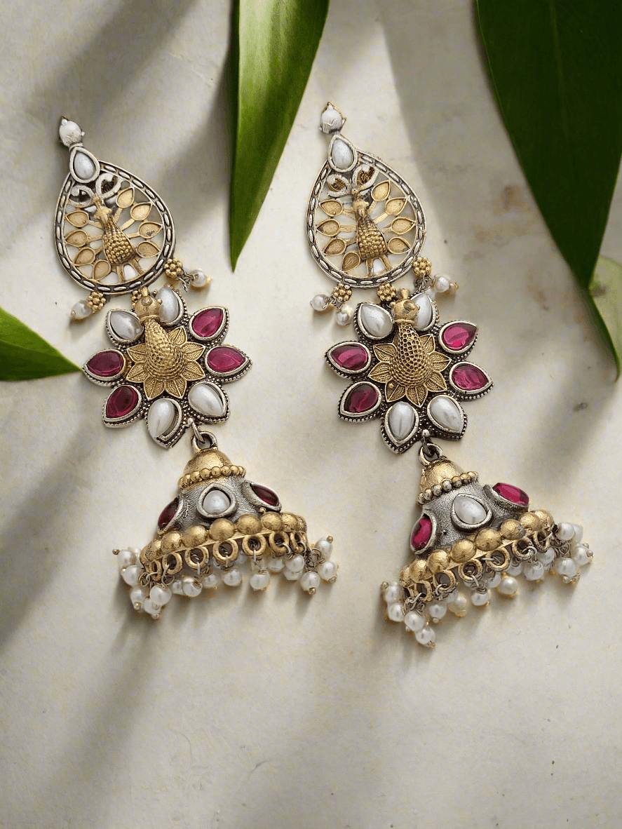 Oxidized Peacock motif long earrings - Mirae 