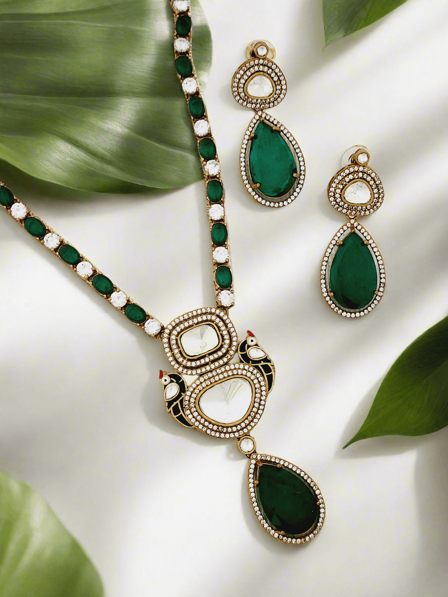 Regal Polki and Emerald Necklace Set - Statement Elegance - Mirae 
