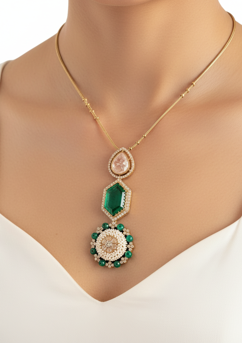 ELEGANT LARIET WITH PEARLS , MOISSANITE & GREEN CRYSTAL