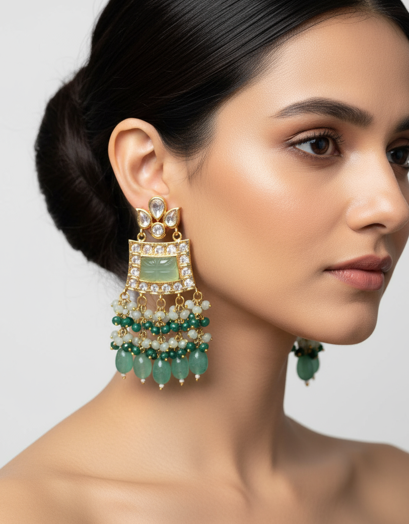 ANTIQUE GOLD PLATED WITH GREEN CRYSTALS & BEADS DANGLER EARRINGS