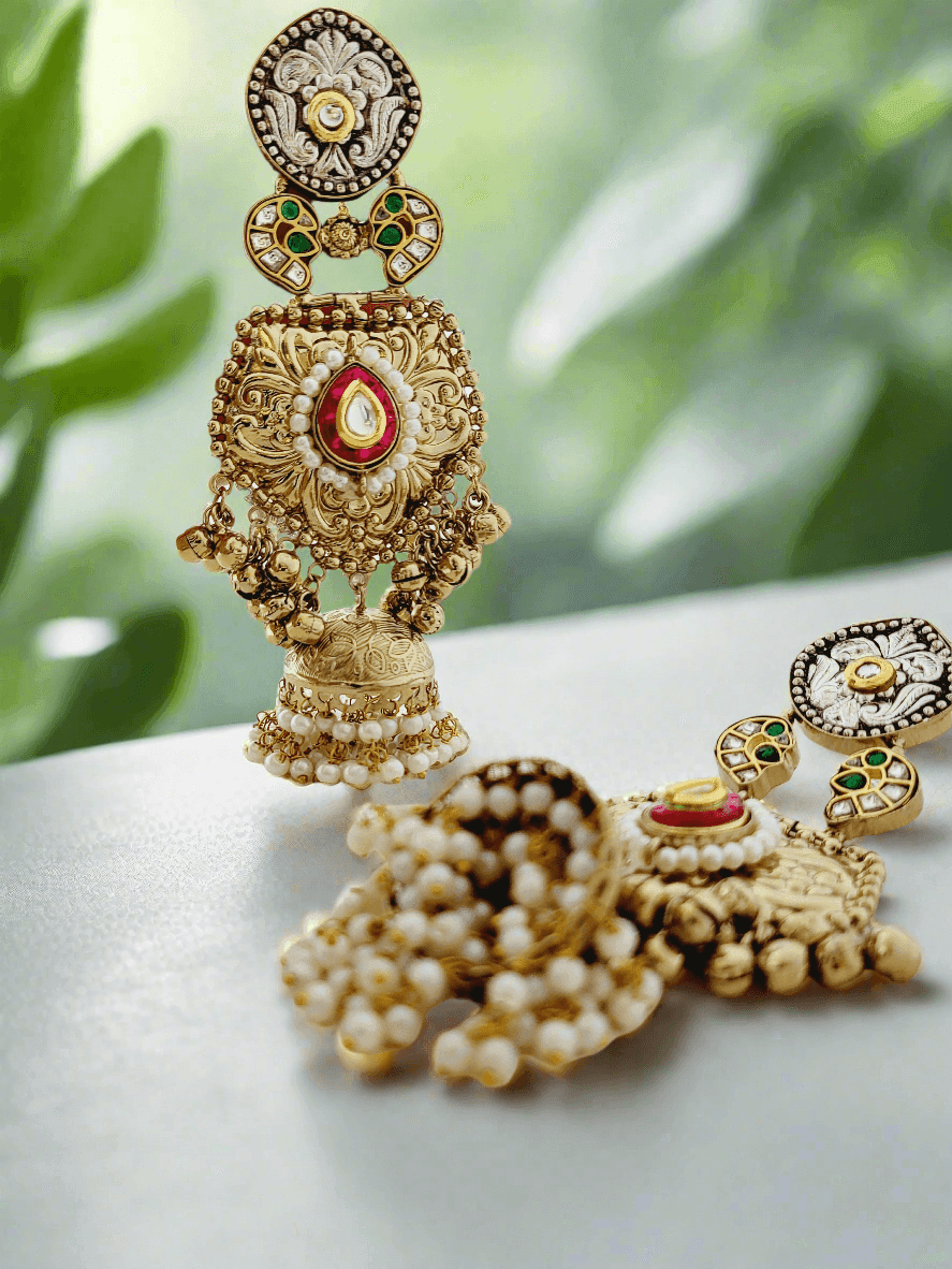 Antique Gold Plated Jhumka Earrings with Enamel and Pearl Drops - Mirae 