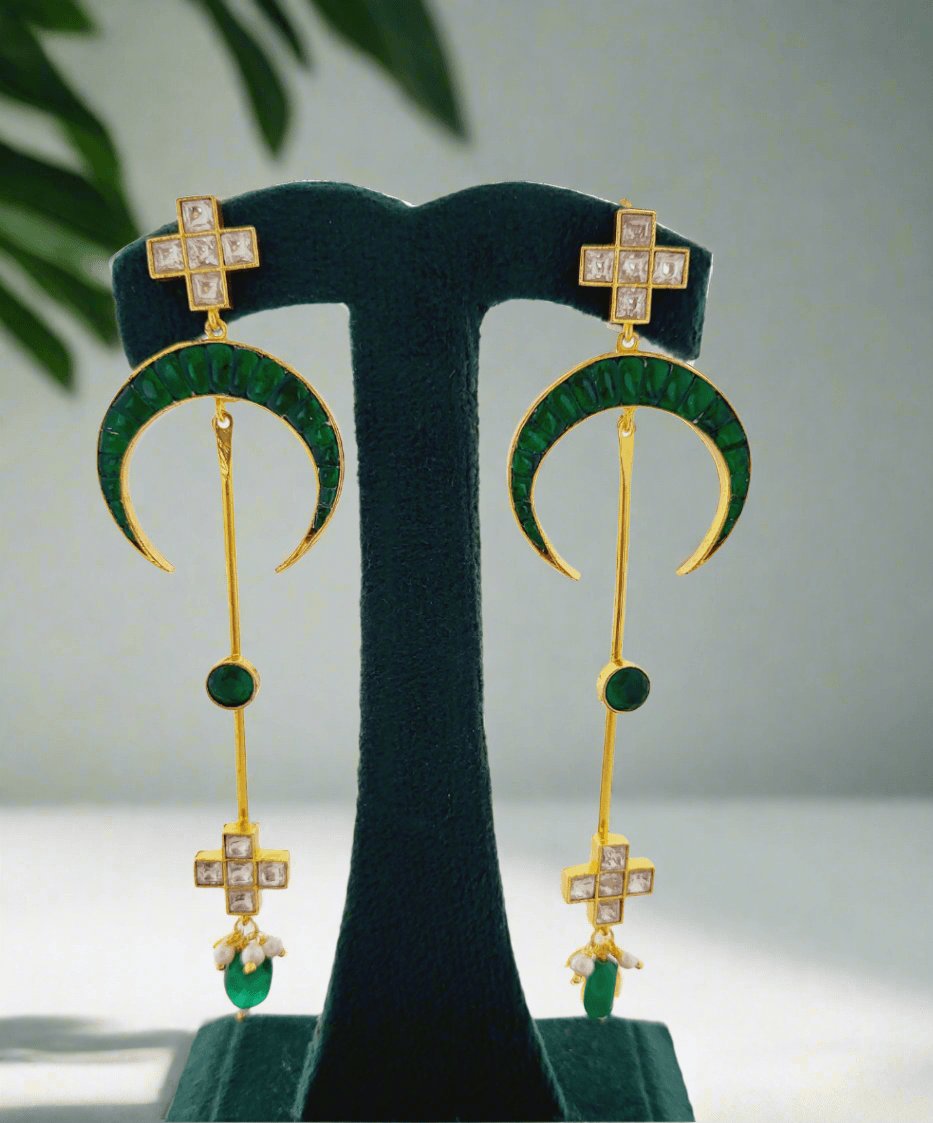 Emerald Crescent & Crystal Drop Earrings - Mirae 