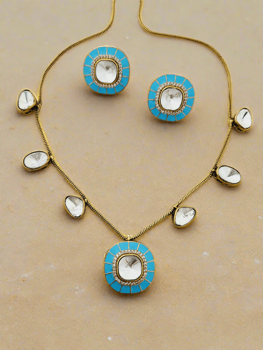 Turquoise Enamel and Polki Necklace Set - Mirae 