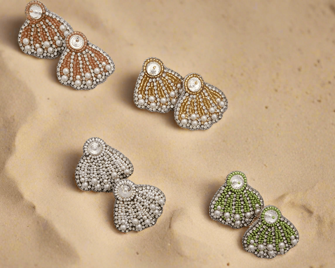 Seashell Beaded Stud Earrings with Pearls and Crystal Accents - Mirae 