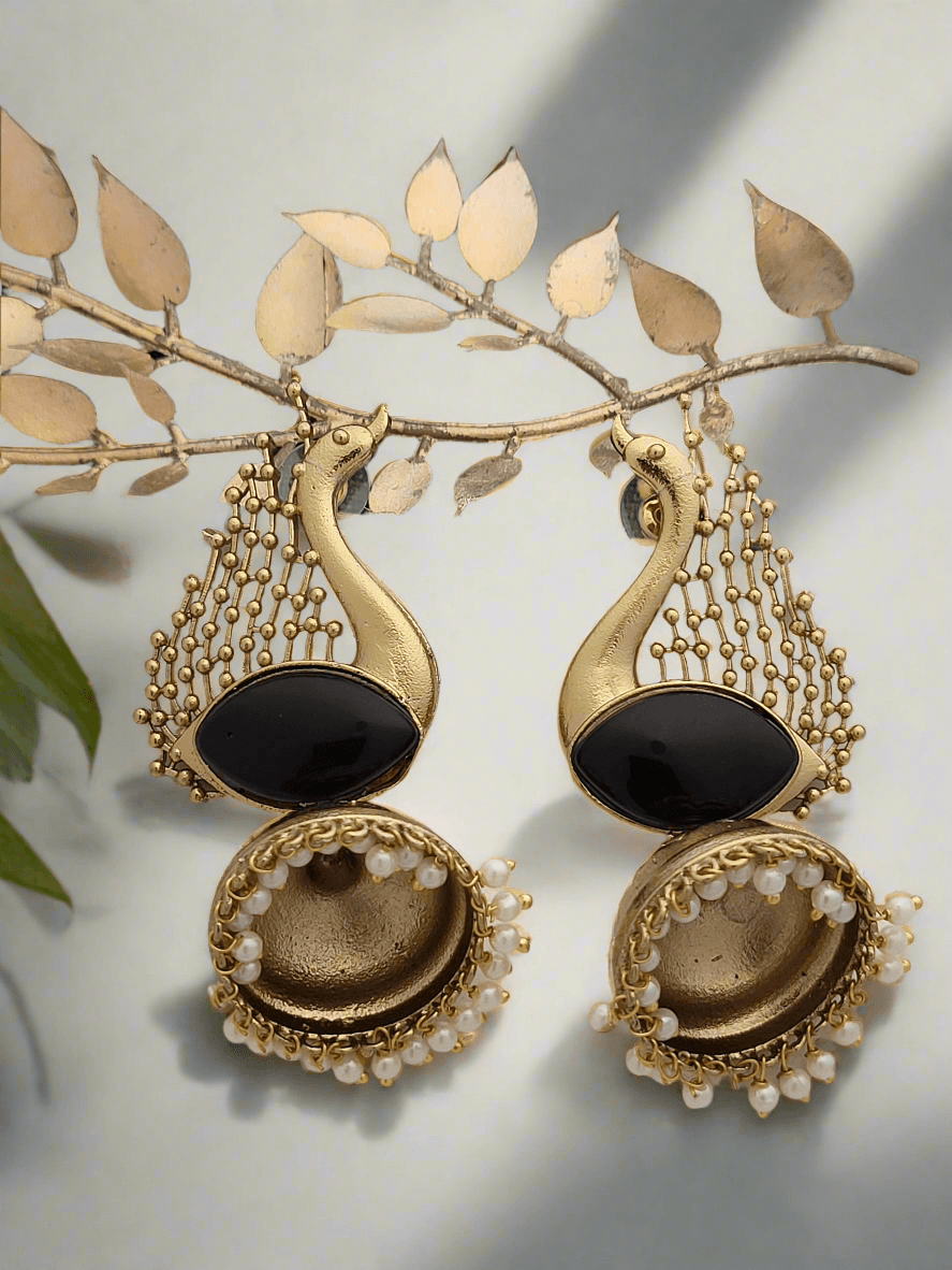 Peacock Motif Jhumkas in gold finish - Mirae 