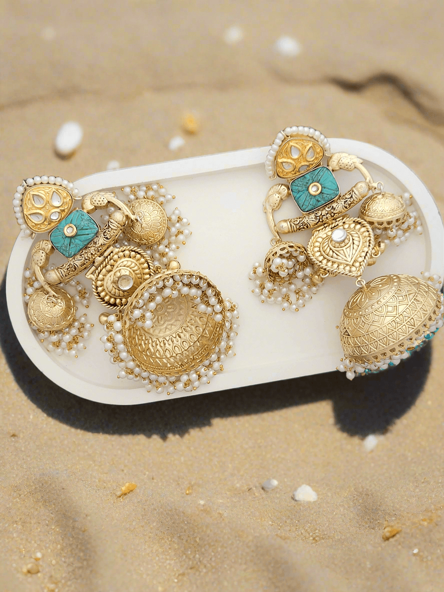 Gold-Toned Big Dome Jhumka Earrings with Turquoise Accents and Pearl Drops. - Mirae 