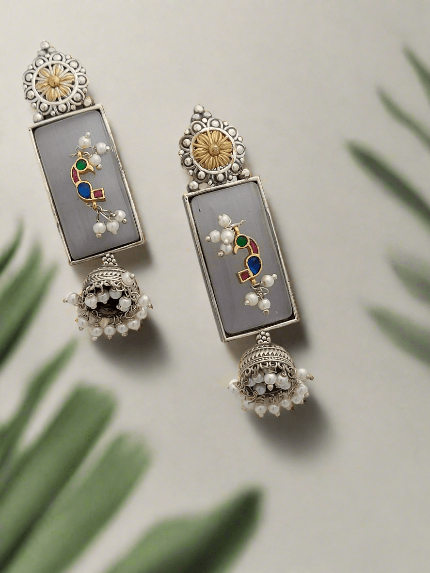 Oxidized Silver Earrings with clear stone, bird motifs & pearl - Mirae 