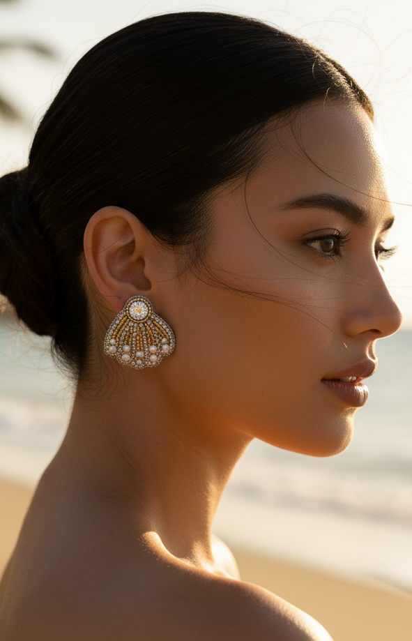 Seashell Beaded Stud Earrings with Pearls and Crystal Accents