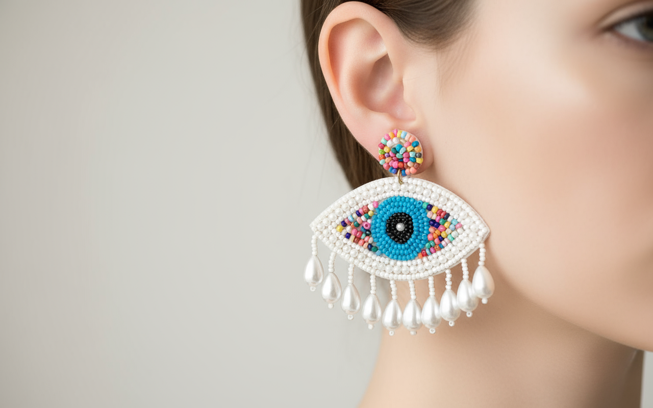 Evil Eye Beaded Dangle Earrings with Pearl Drops