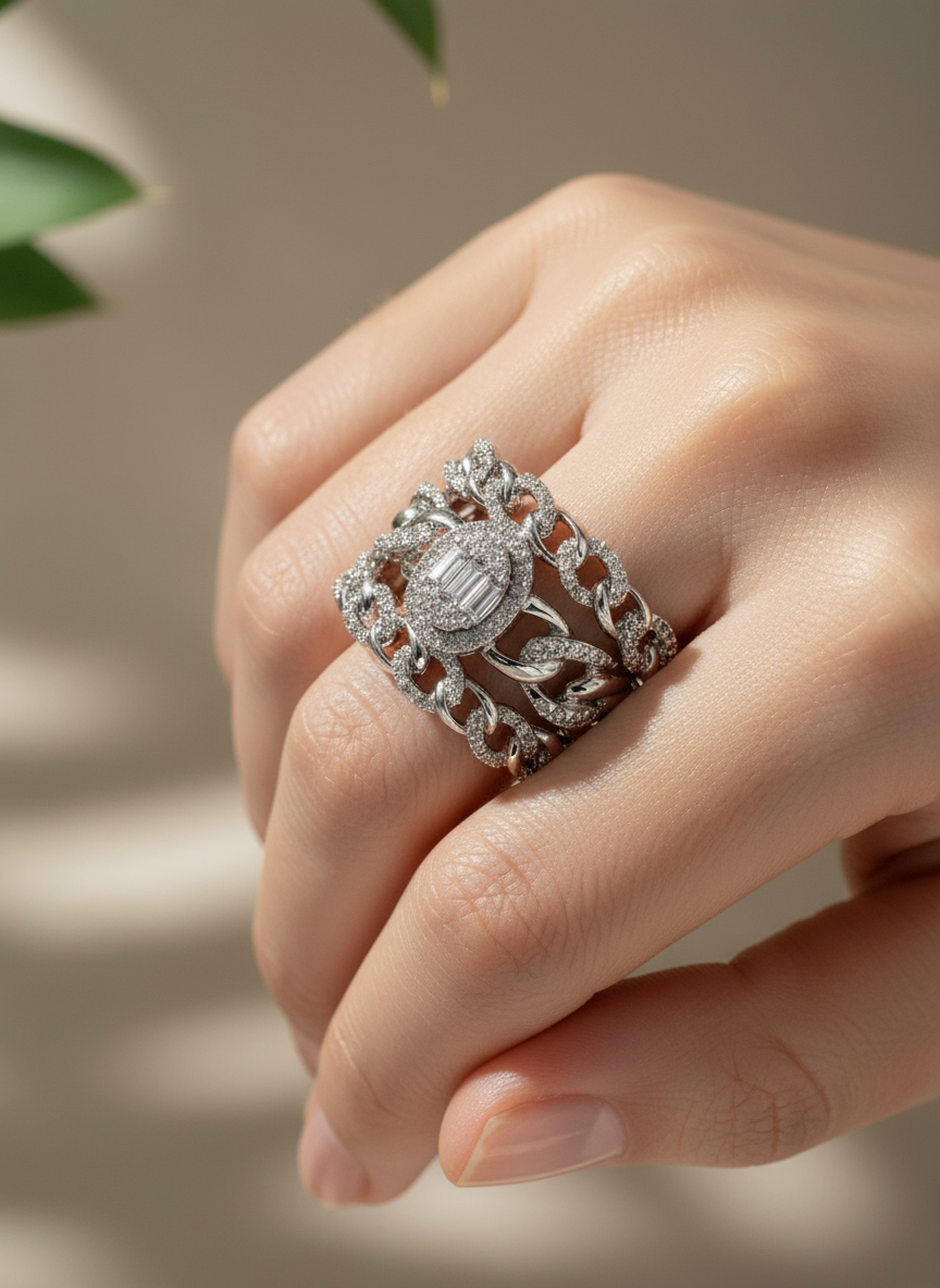 Modern Statement Ring with Interlocking Chain and Diamond Accents