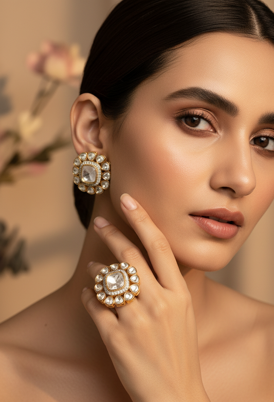 REGAL MOISSANITE & KUNDAN CRYSTAL RING AND STUD COMBO